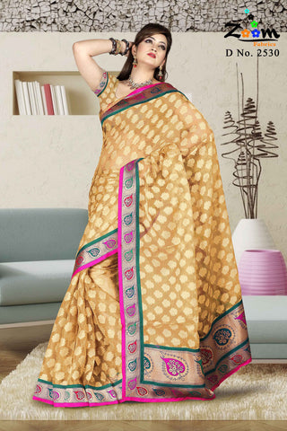 Beige Net Jacquard Saree