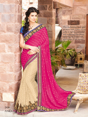 Pink With Cream Crape Jaquared With Bhaglpuri  Saree