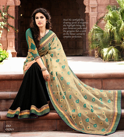 Cream With Black Net Jaquared With Bhaglpuri Saree