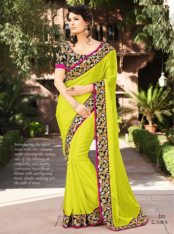 Parrot Green Crape With Chiffon Saree