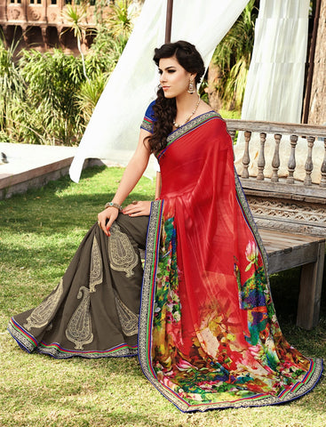 Red With Gray Crape Satin With Chiffon Saree