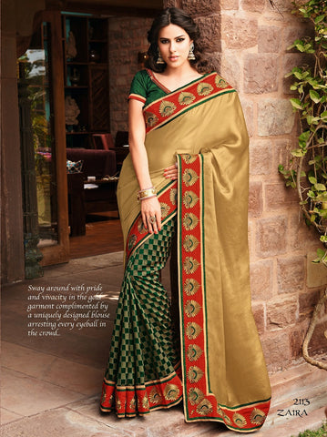 Brown With Green Shimmer Satin With Bhaglpuri Jaquared Saree