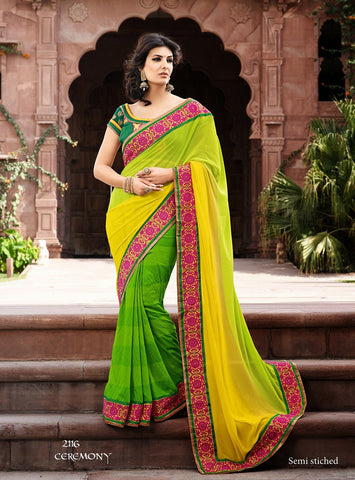 Green Poly Georgette With Bhaglpuri Jaquared Saree