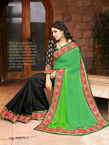 Green With Black Half Creap Jaquared Half Bhaglpuri Jaquared Saree