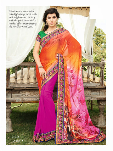 Pink With Multi Satin Chiffon With Poly Georgette Saree