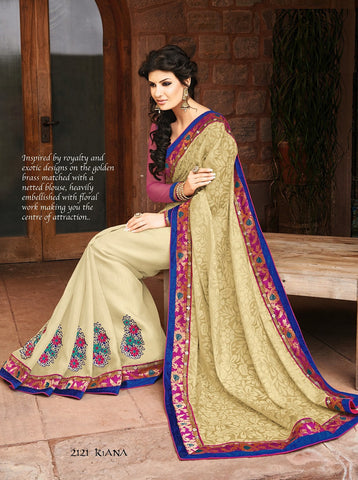 Off White Bhaglpuri Jaquared With Net Jaquared Saree