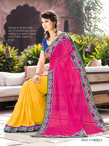 Pink With Yellow Net With Bhaglpuri Jaquared  Saree