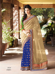 Brown With Blue Net With Crape Jaquared Saree